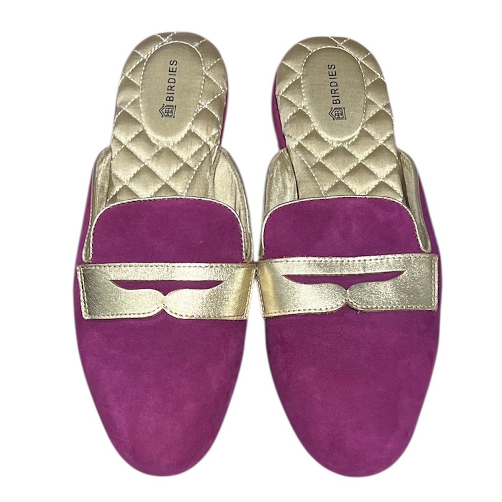Birdies Phoebe Berry Magenta Suede Gold Slides Slippers Women’s Size 7 NWOT